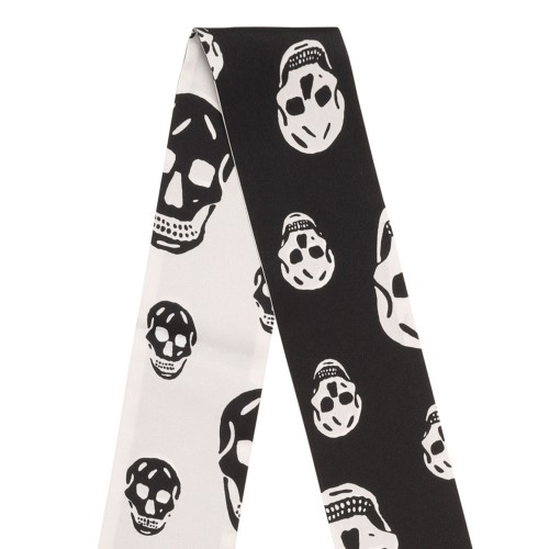 Black and White Skull Print Silk Twilly Scarf 2