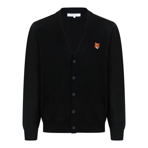 Black Wool V-Neck Cardigan With Logo Patch