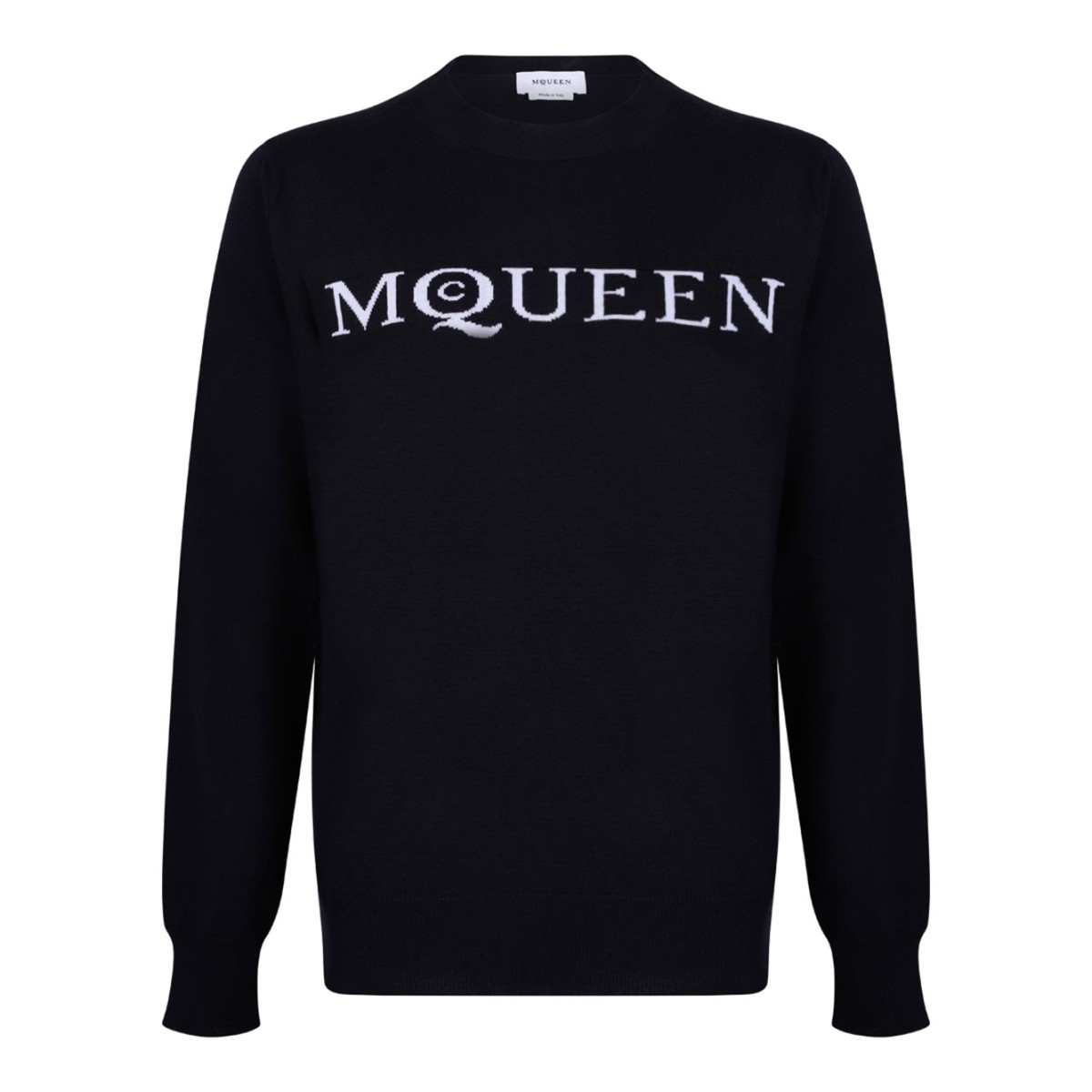 Navy Blue Intarsia-Knit Logo Sweater