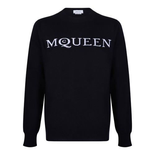 Navy Blue Intarsia-Knit Logo Sweater