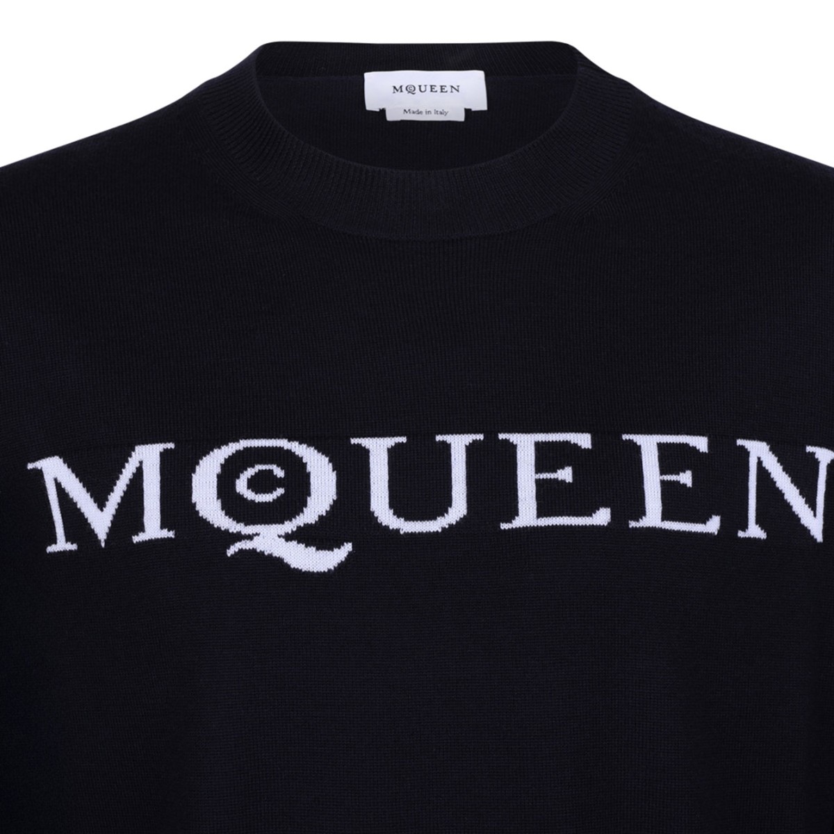 Navy Blue Intarsia-Knit Logo Sweater