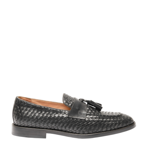 Black Woven Leather Tassel Loafers