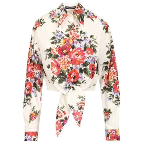 White Floral Cotton Tie-Front Shirt
