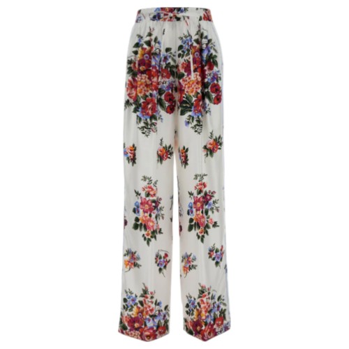 White Floral-Print Wide-Leg Trousers