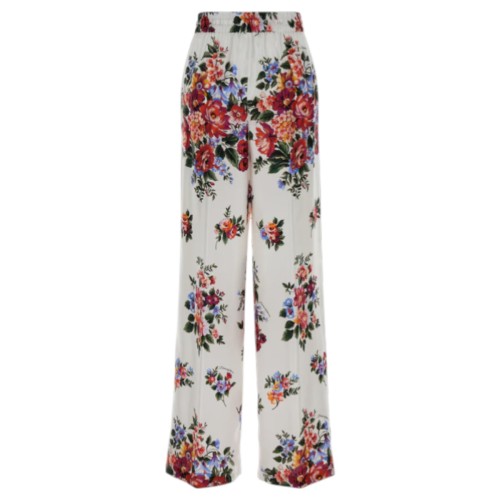 White Floral-Print Wide-Leg Trousers