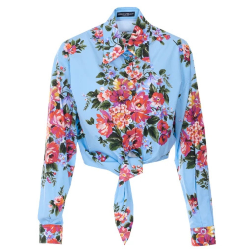 Light Blue Floral Cotton Tie-Front Shirt