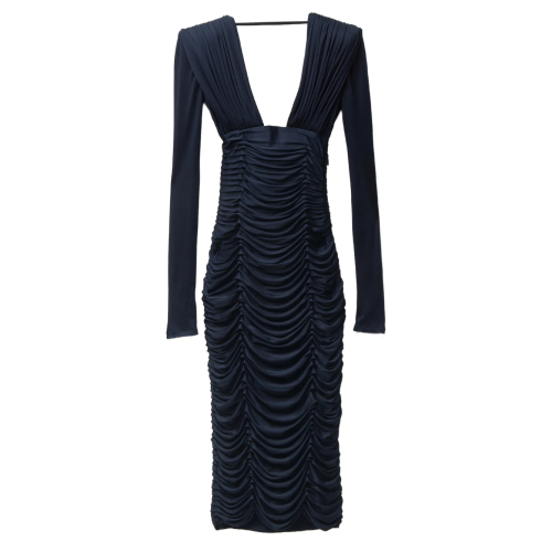 Navy Blue Draped Silk Crepe Jersey Midi Dress