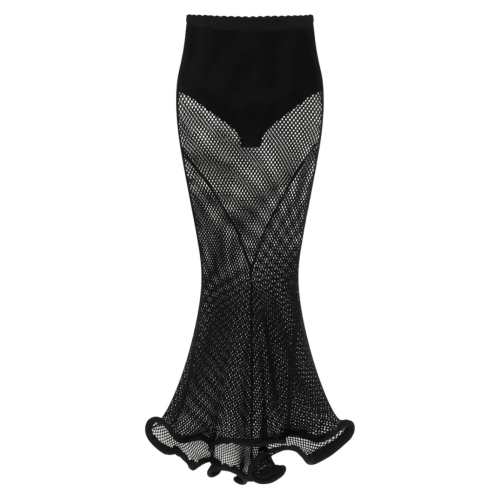 Black Midi Kickback Skirt In Mesh