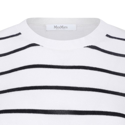 White and Blue Striped Cashmere and Silk Yarn Sweater