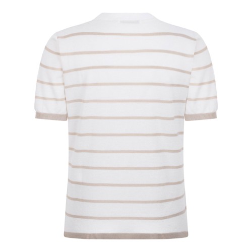 White and Beige Striped Cashmere and Silk Yarn Sweater