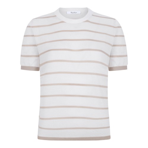 White and Beige Striped Cashmere and Silk Yarn Sweater