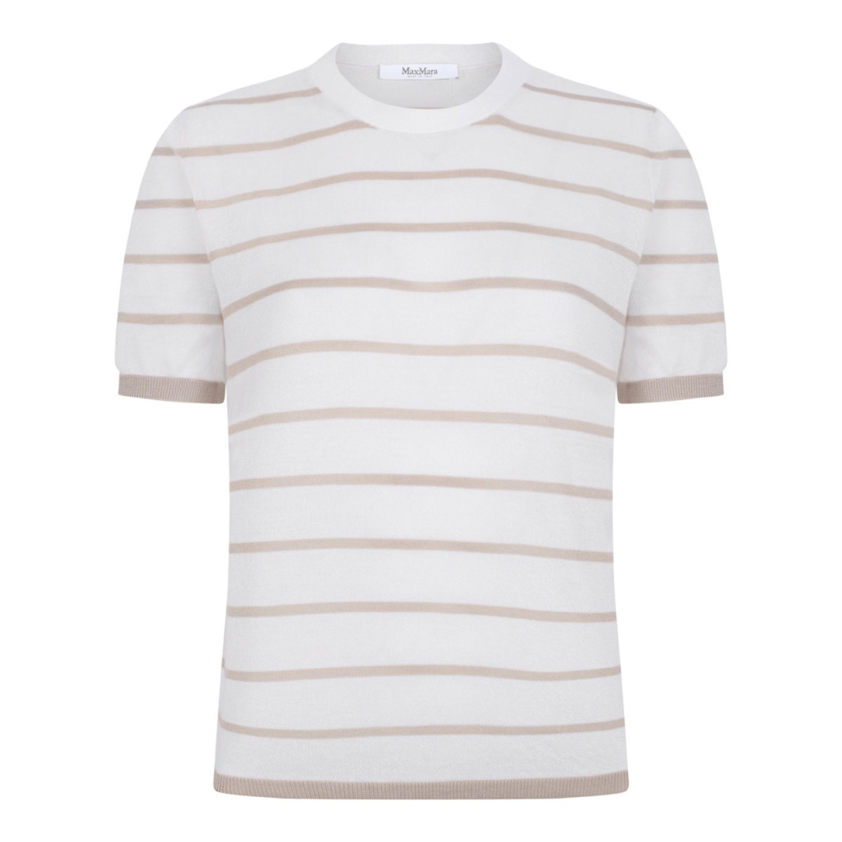 White and Beige Striped Cashmere and Silk Yarn Sweater