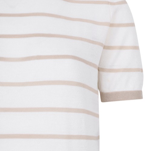 White and Beige Striped Cashmere and Silk Yarn Sweater