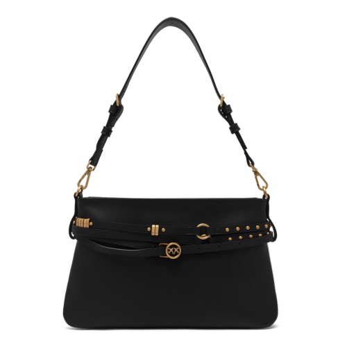 Black Leather Shoulder Bag with Belt Detail