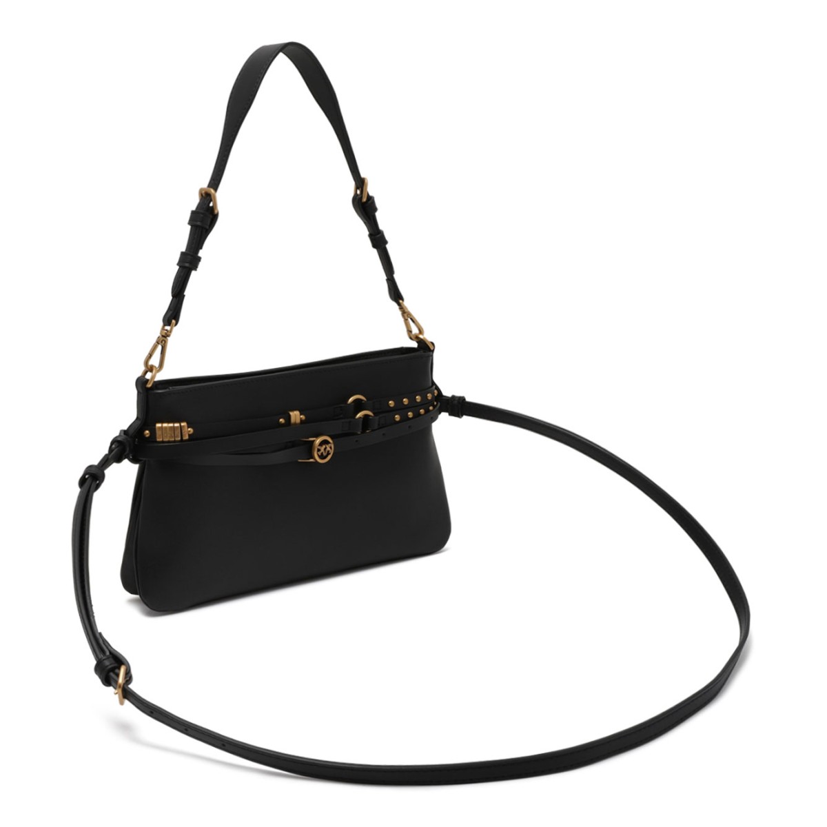 Black Leather Shoulder Bag with Belt Detail