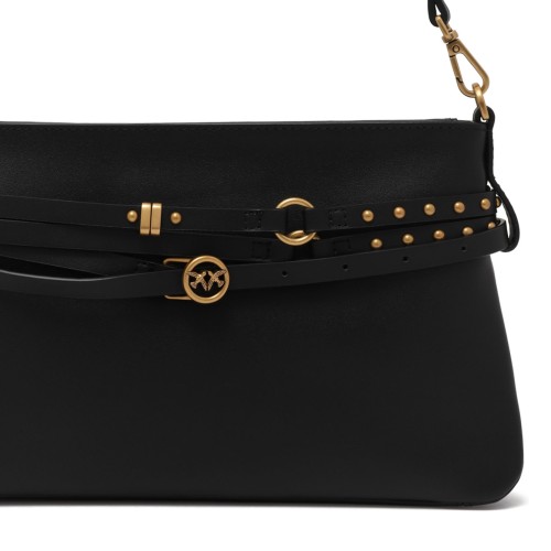 Black Leather Shoulder Bag with Belt Detail