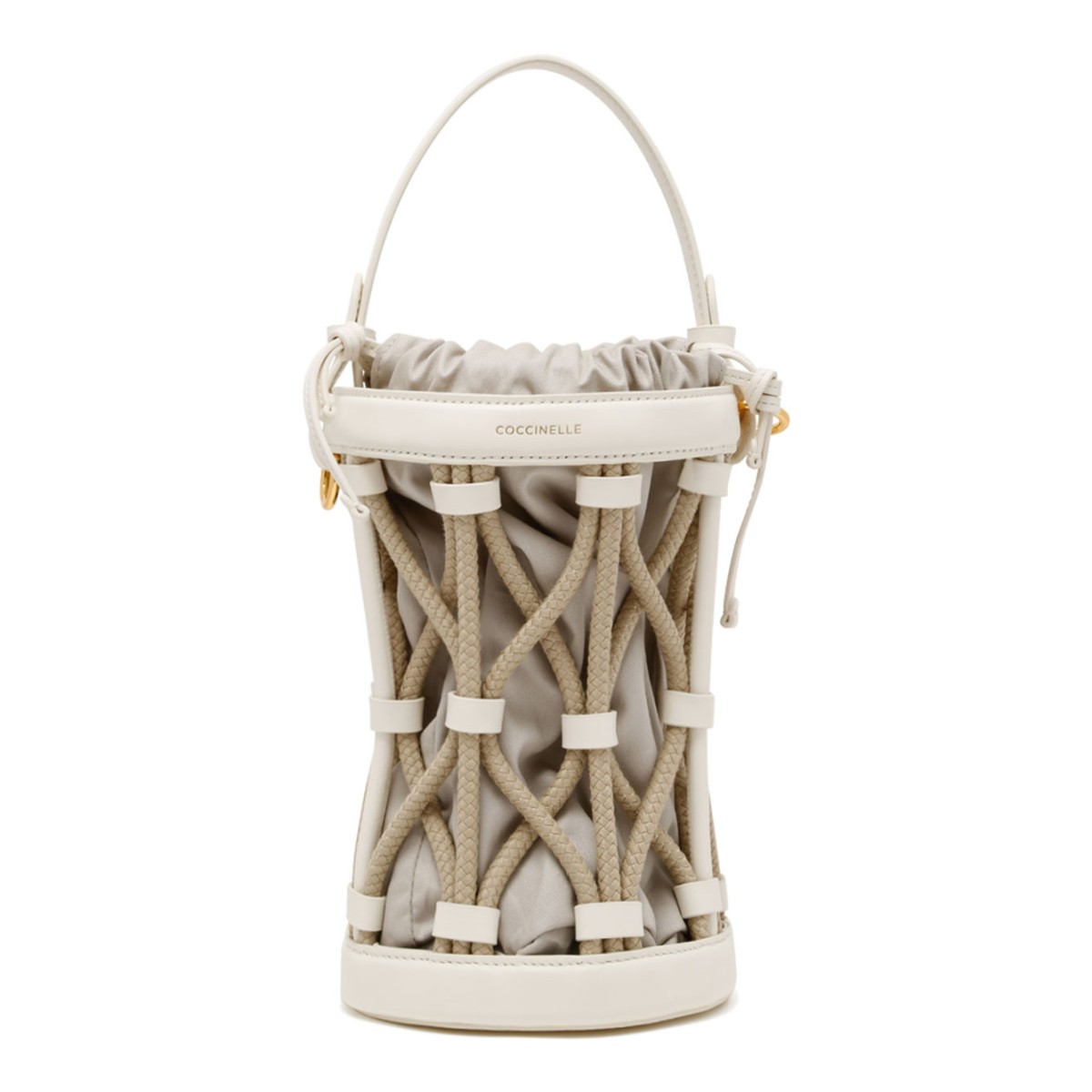 Beige Leather and Canvas Bucket Bag