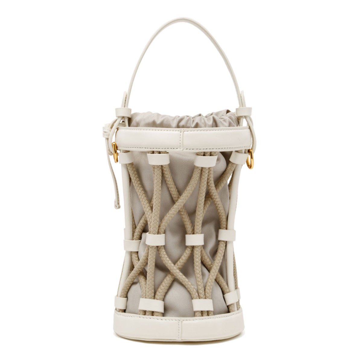 Beige Leather and Canvas Bucket Bag