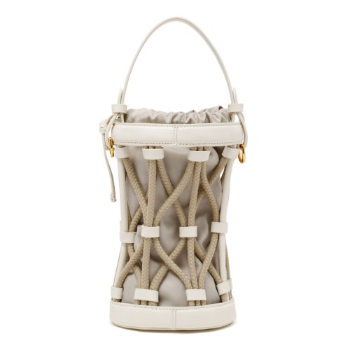 Beige Leather and Canvas Bucket Bag