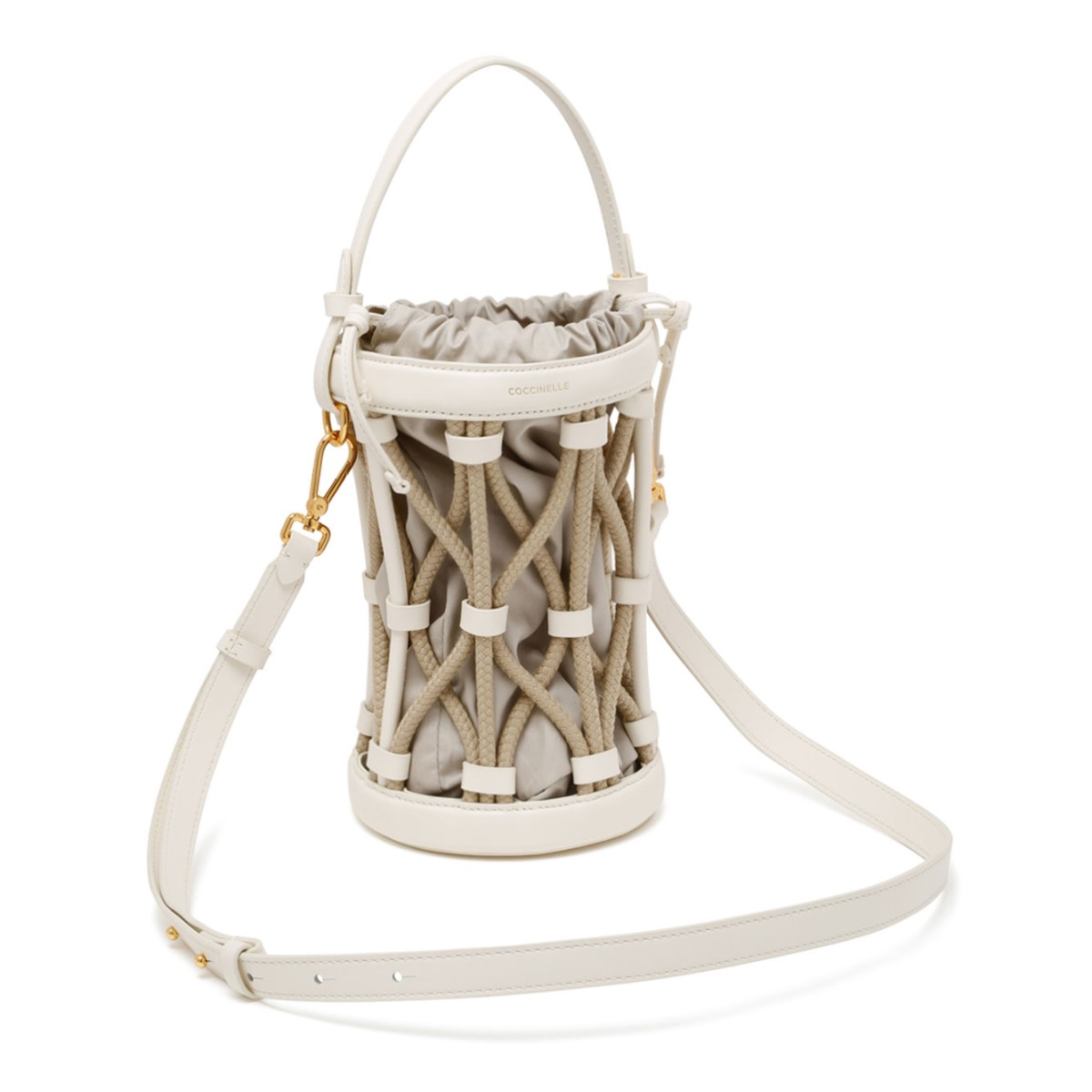 Beige Leather and Canvas Bucket Bag