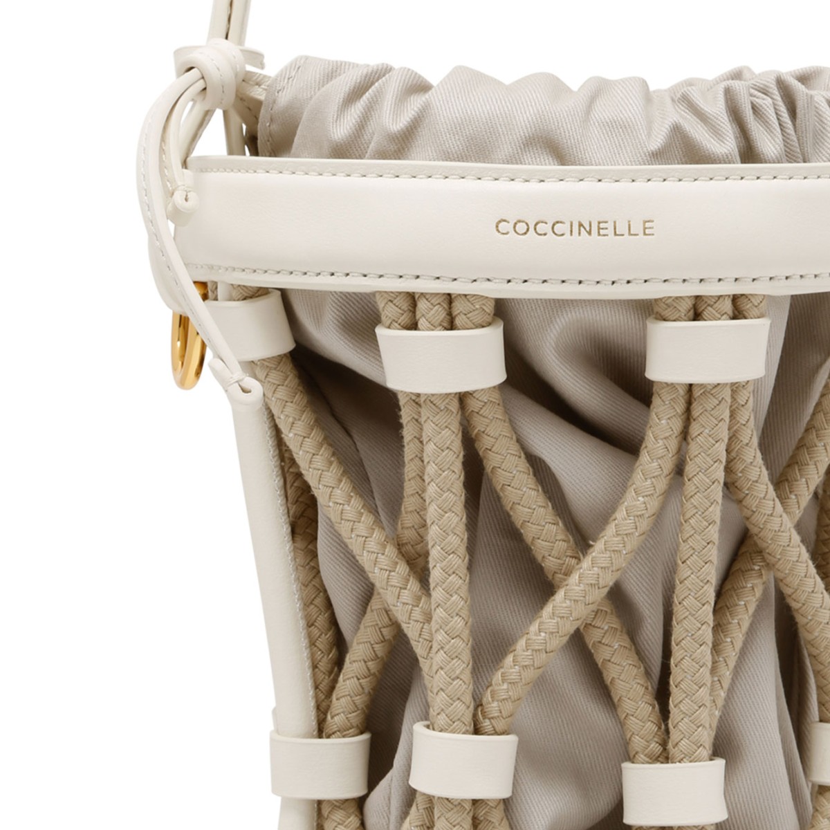 Beige Leather and Canvas Bucket Bag