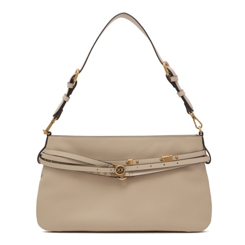 Beige Leather Shoulder Bag with Belt Detail