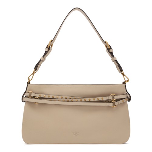 Beige Leather Shoulder Bag with Belt Detail