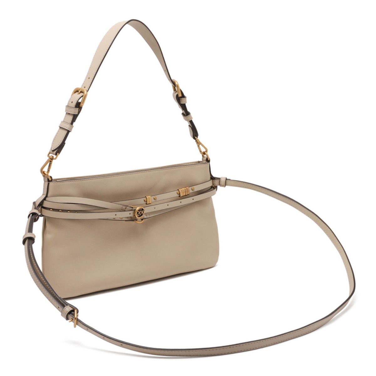 Beige Leather Shoulder Bag with Belt Detail