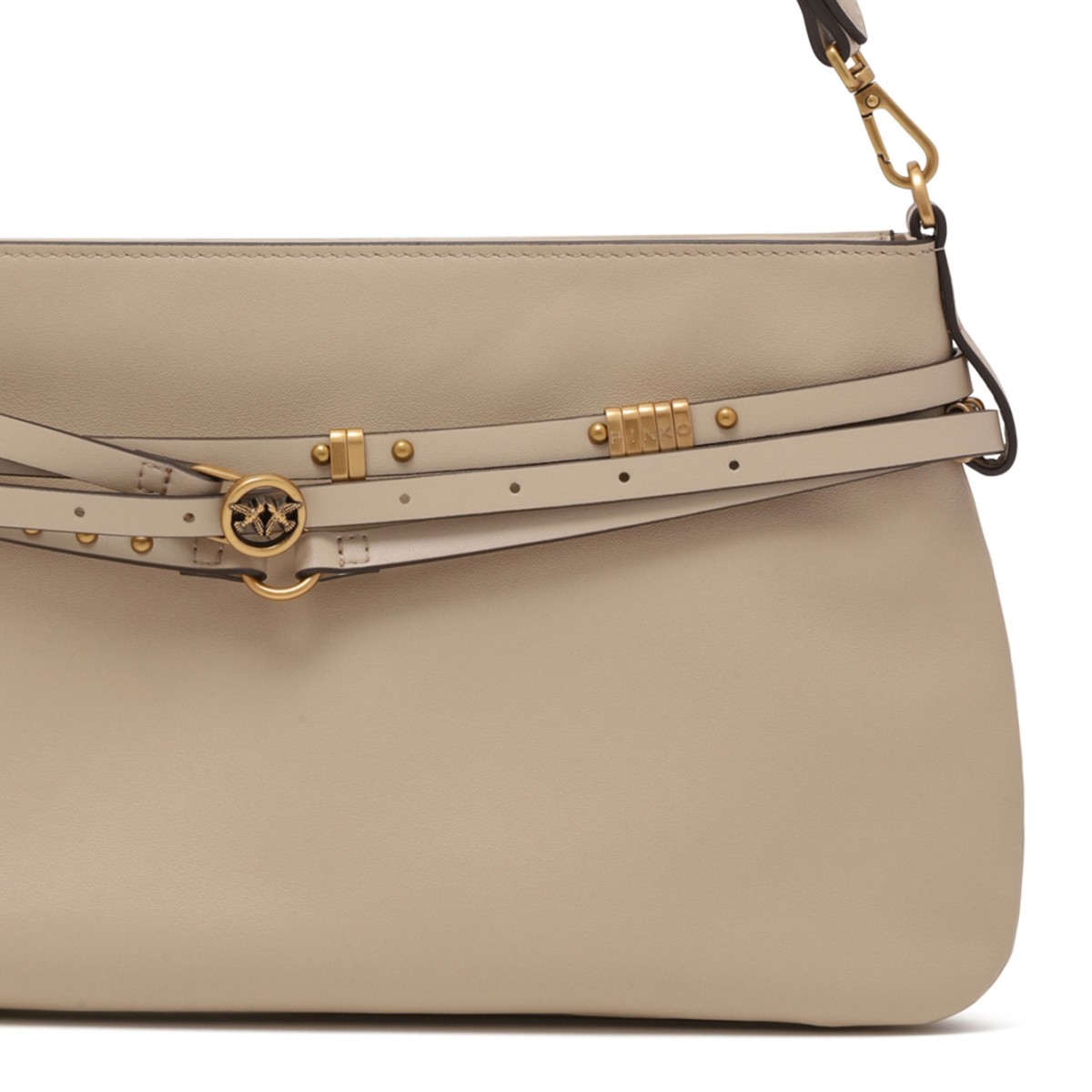 Beige Leather Shoulder Bag with Belt Detail