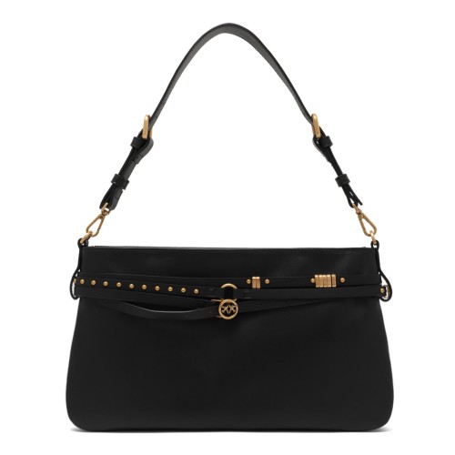 Black Leather Shoulder Bag with Belt Detail