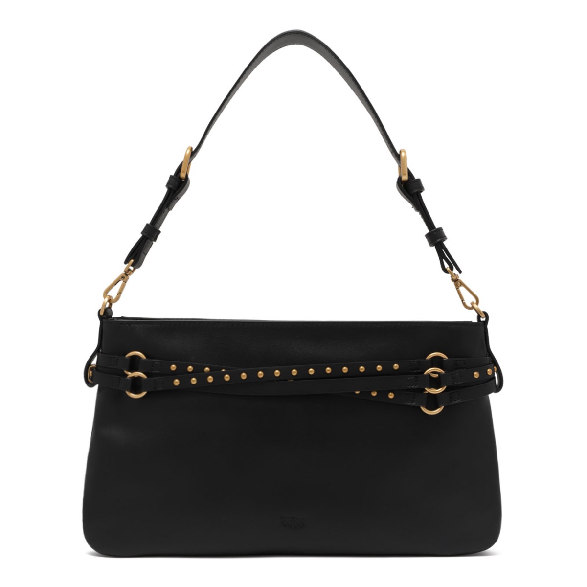Black Leather Shoulder Bag with Belt Detail