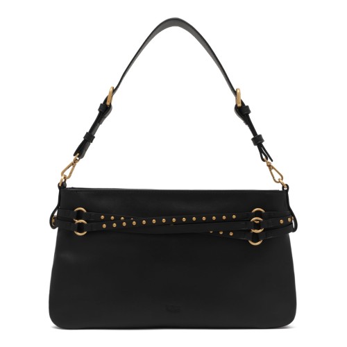 Black Leather Shoulder Bag with Belt Detail