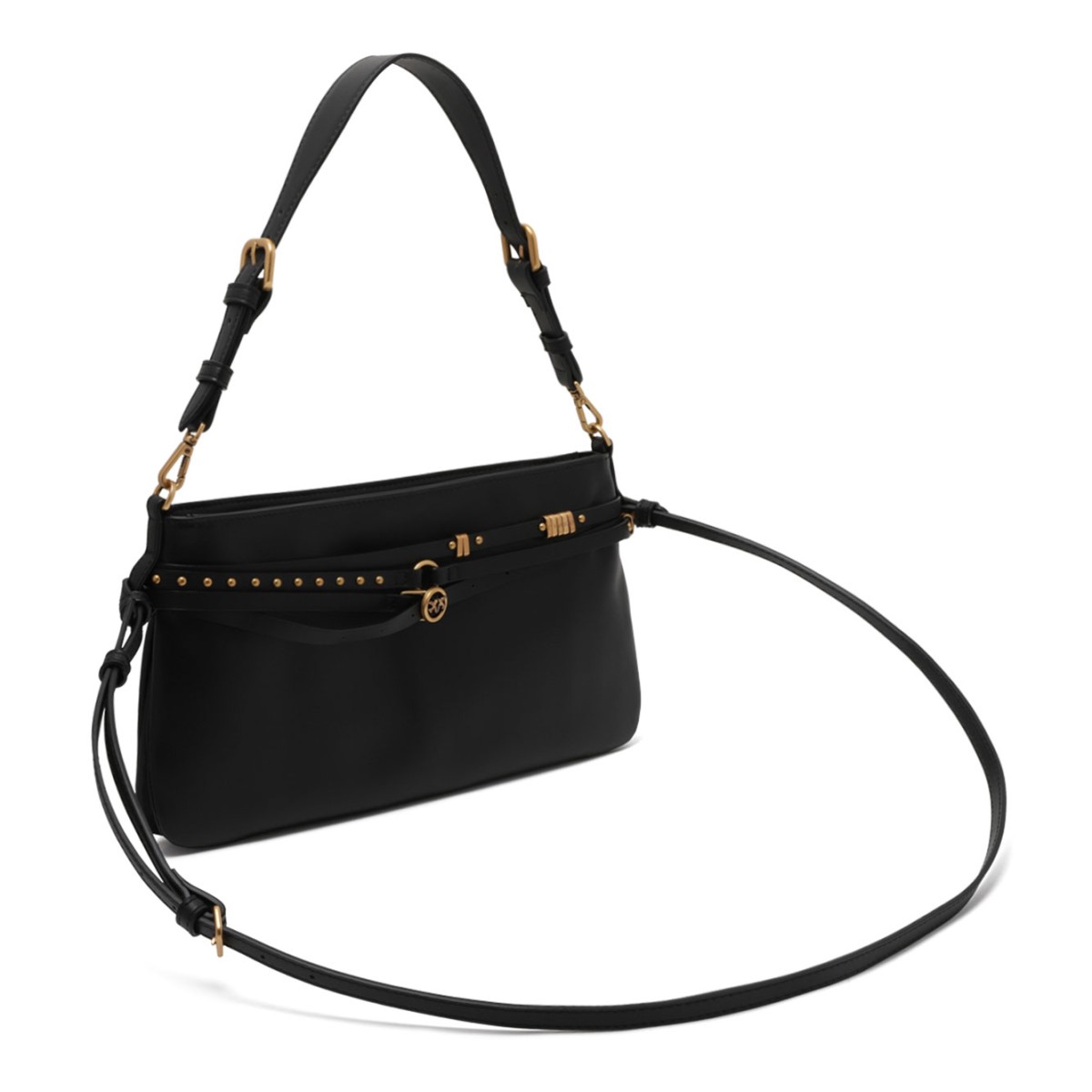 Black Leather Shoulder Bag with Belt Detail