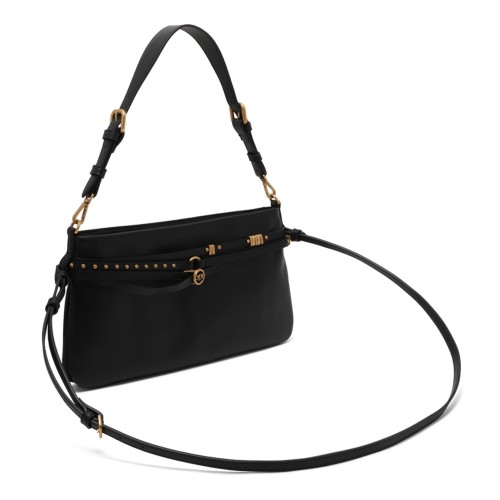 Black Leather Shoulder Bag with Belt Detail