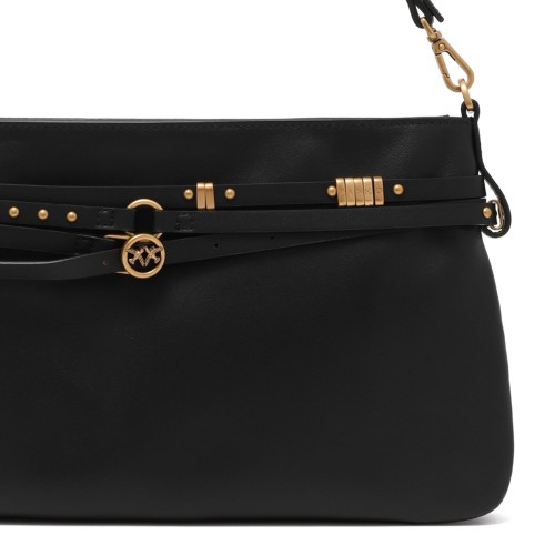 Black Leather Shoulder Bag with Belt Detail