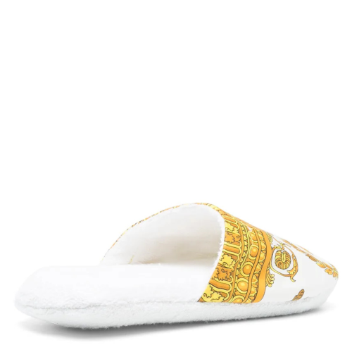 Versace White La Greca Print Slippers.