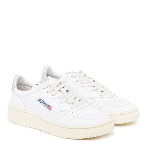 White and Silver Tone Calf Leather Medalist Low Top Sneakers 2