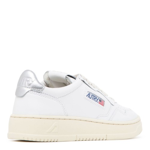 White and Silver Tone Calf Leather Medalist Low Top Sneakers