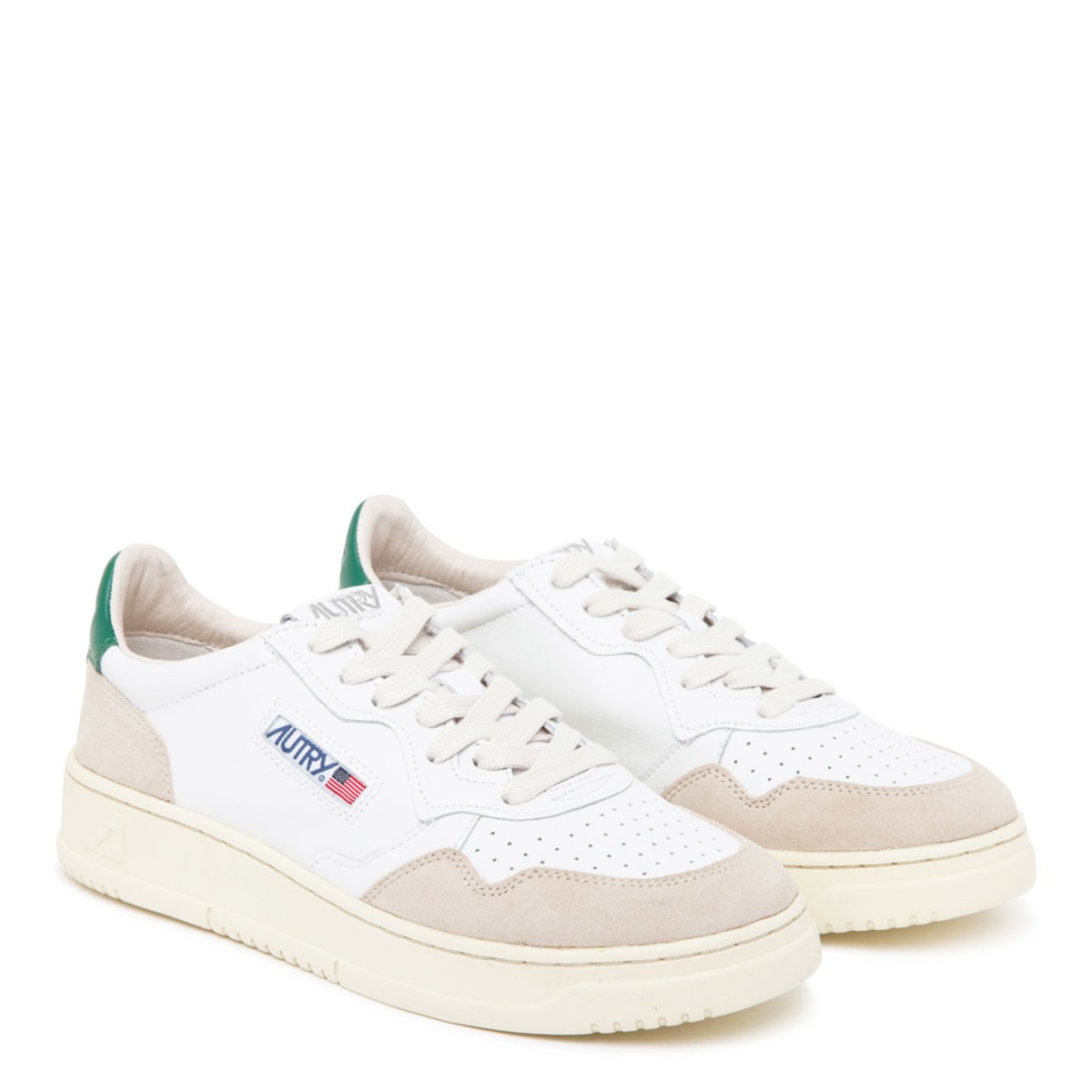 White, Green and Grey Suede Leather Medalist Low Top Sneakers