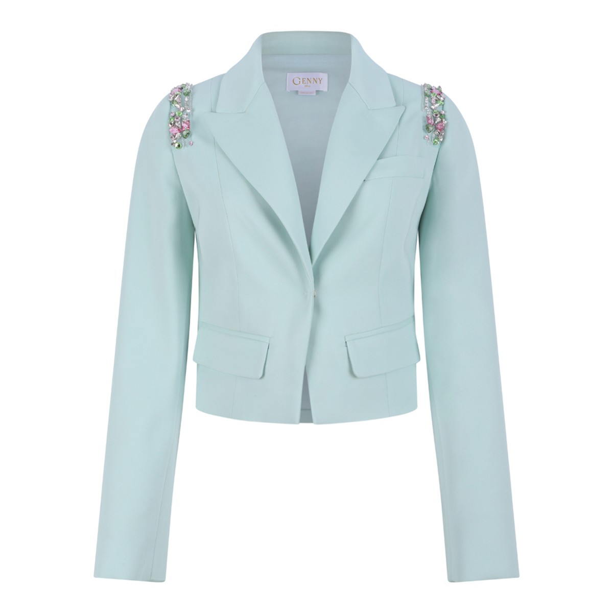 Genny Light Blue Cropped Embellished Blazer.