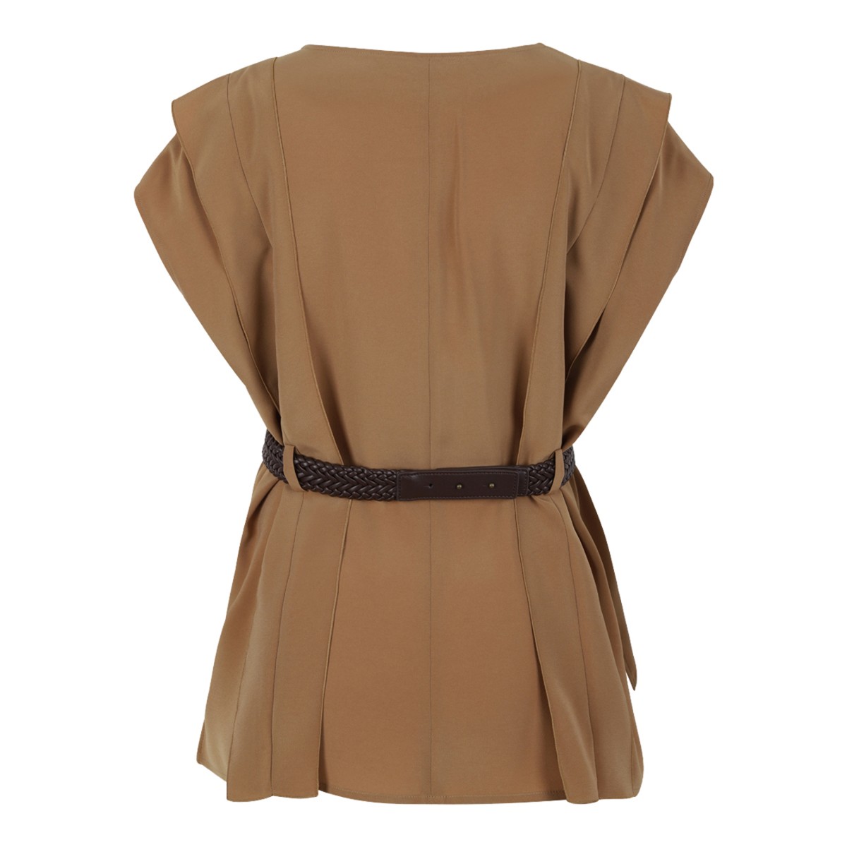 Caramel V-Neck Blouse with Belt