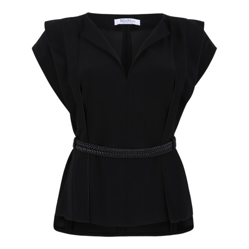 Black V-Neck Blouse with Belt