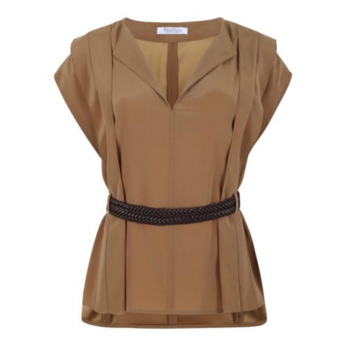 Caramel V-Neck Blouse with Belt