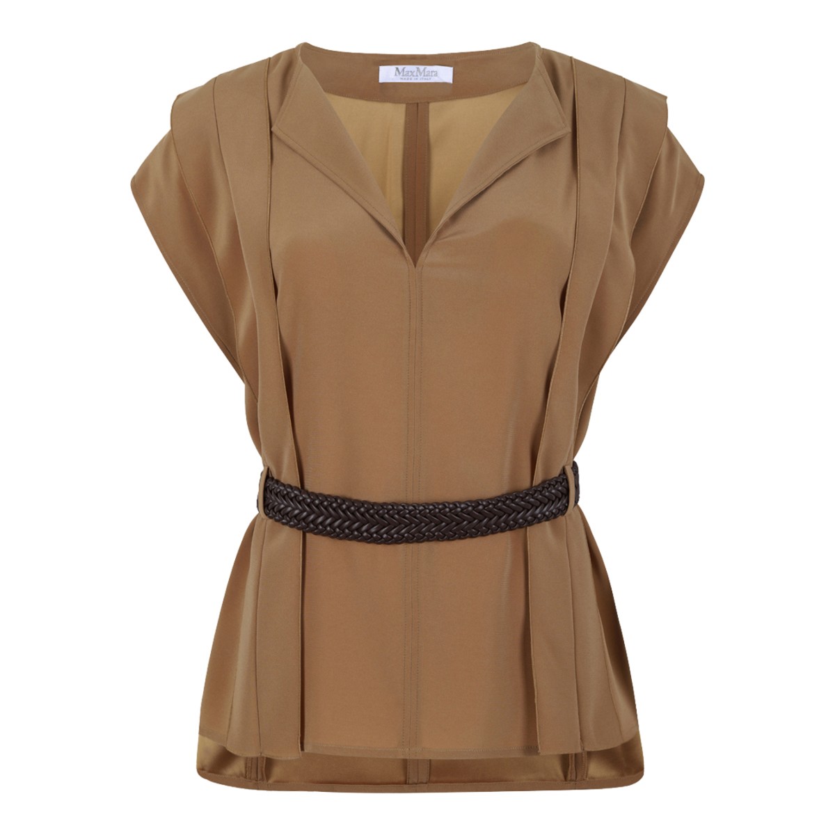 Caramel V-Neck Blouse with Belt