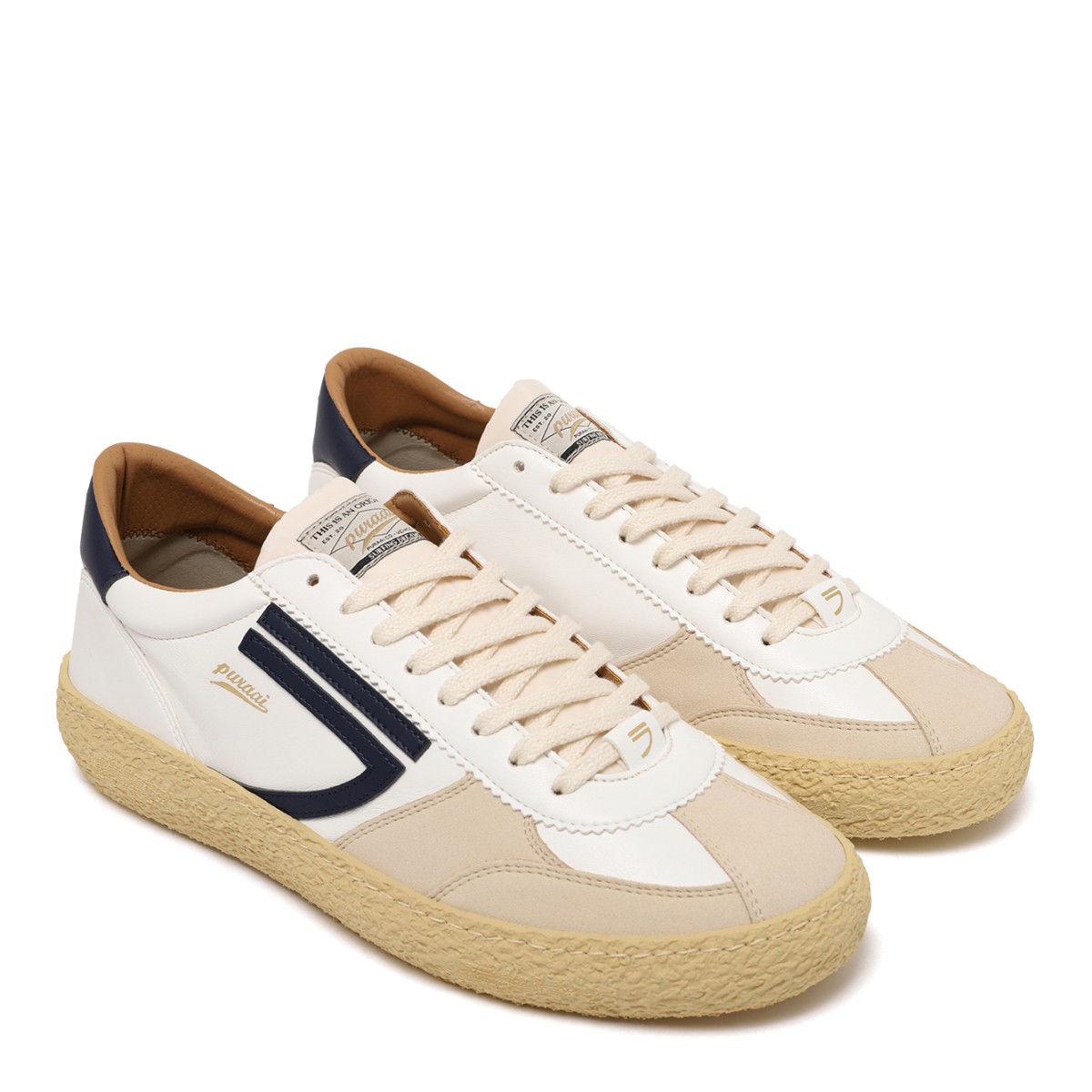 Puraai White Leather and Suede Sneakers.