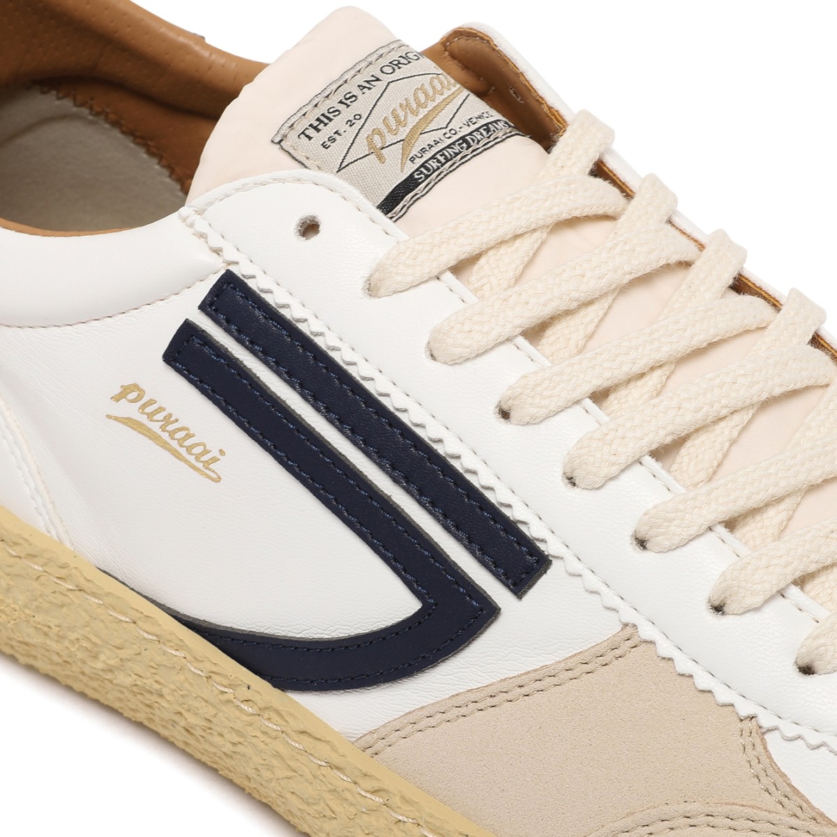 Puraai White Leather and Suede Sneakers.
