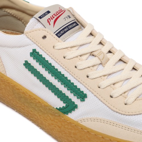 Puraai White Mesh and Leather Sneakers with Green Detail.