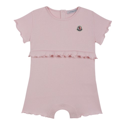 Moncler Kids Pink Cotton Romper with Ruffle Detail.
