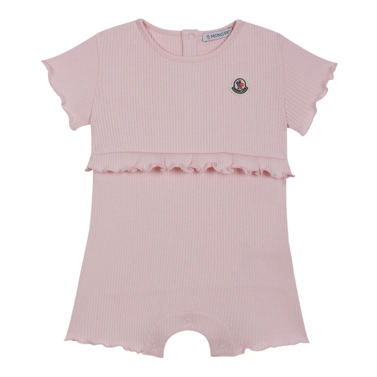 Moncler Kids Pink Cotton Romper with Ruffle Detail.