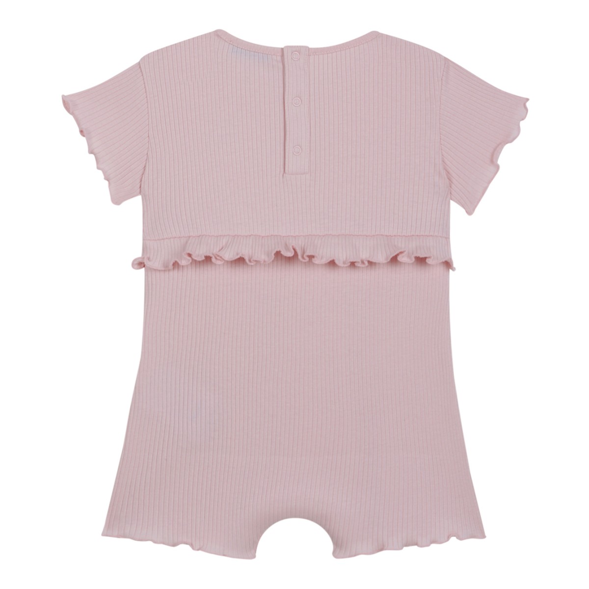 Moncler Kids Pink Cotton Romper with Ruffle Detail.